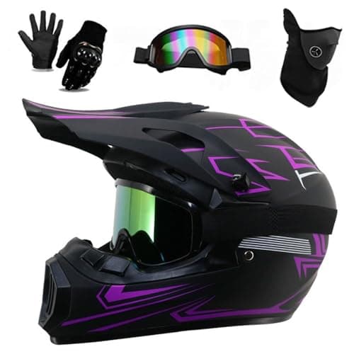 Image of Youth Adult Electric Dirt Bike Full Face Motorbike Helmet Set for Boys Girls Quad Bikes BMX MTB ATV Offroad Helmet with Goggles Gloves Mask DOT Approved(226 purple phantom,M(56-57CM))
