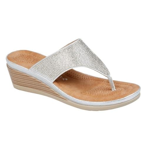 Image of Cipriata L238FS-6 SANDRA Womens Toe Post Diamonte Wedge Sandal Silver Sparkle size 6 UK