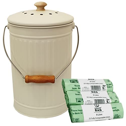 Image of Chalk White – 7 Litre Metal Compost Caddy/Food Waste Bin & 75 Compostable Bags