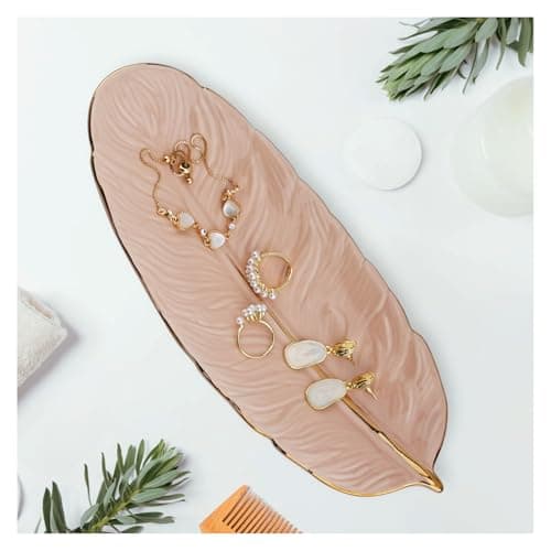 Image of YoHyien Ceramic Trinket Dish, Feather Shaped Jewellery Tray, Decorative Ring Dish - Trinket Tray for Necklace, Bracelet, Earrings - Jewellery Gifts for Women, Nana, Mother, Daughter (Pink)