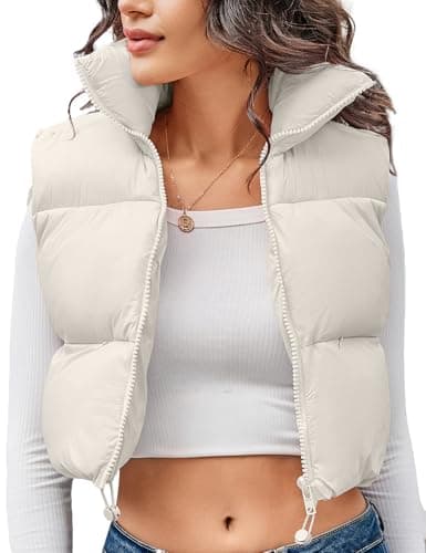 Image of Kissonic Women's Cropped Puffer Vest Lightweight Fluffy Vest Sleeveless Warm Winter Outerwear, White, L