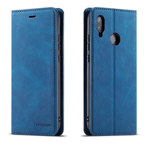 Image of QLTYPRI Case for Huawei P20 Lite, Premium PU Leather Cover TPU Bumper with Card Holder Kickstand Hidden Magnetic Adsorption Shockproof Flip Wallet Case Compatible with Huawei P20 Lite - Blue