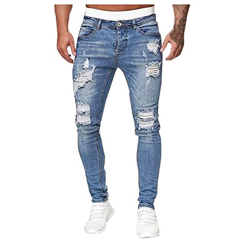 Image of BiCophy Mens Ripped Jeans Slim Fit Distressed Denim Pants Distressed Tapered Leg Skinny Jeans Fashion Moto Biker Jeans Hipster Straight Leg Denim Jean Pants with Hole