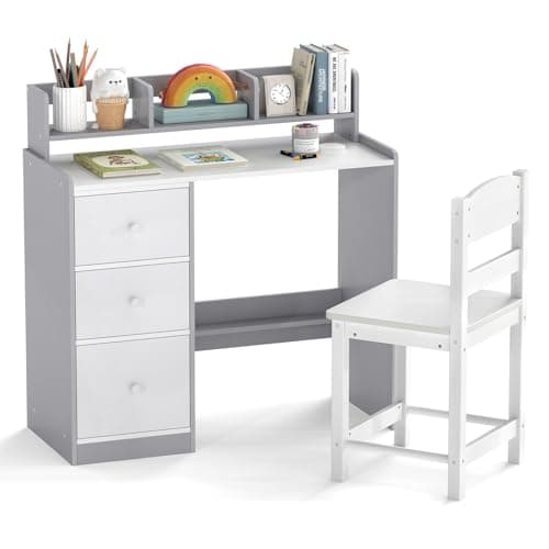 Image of COSTWAY Kids Desk and Chair Set, Wooden Student Study Table with 3 Drawers, Hutch & Storage Shelf, Children Writing Table Chair Set for for Boys Girls (Grey+White)