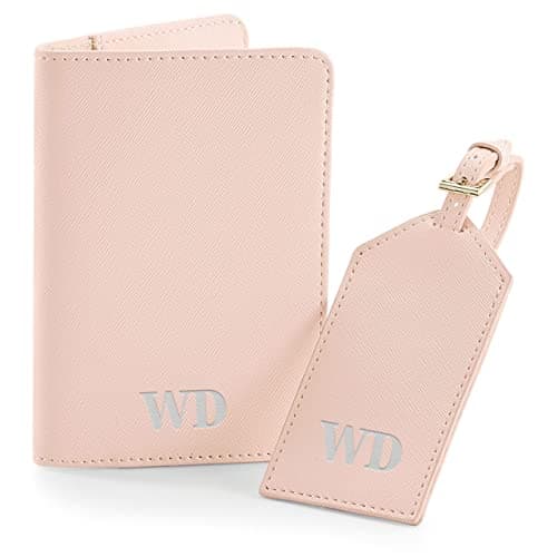 Image of Prisée Personalised Initial Passport Holder and Luggage Tag Set - Suitcase Label for Travel Baggage Travel Gift Set for Him Her Matching Couples, Soft Pink