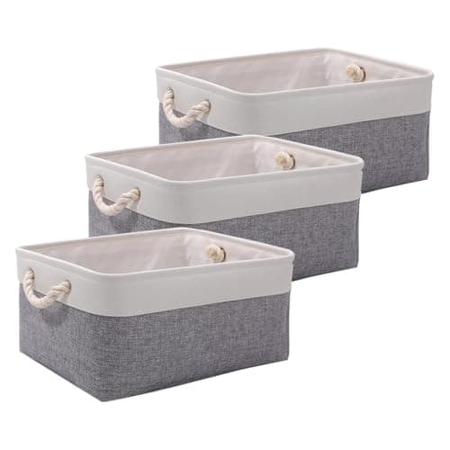 Image of June tech Small Fabric Storage Basket Set of 3, Waterproof Foldable Storage Baskets, Canvas Storage Boxes for Wardrobe, Bedroom, Office Products (Grey & White, 12.2x8.2x5.1inch)