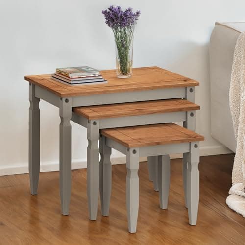 Image of Corona Grey Wax Large Nest Of 3 Tables Solid Wood Pine Wooden Painted Side End Lamp Coffee Table Living Room 53cm high 66cm Wide 44cm Deep
