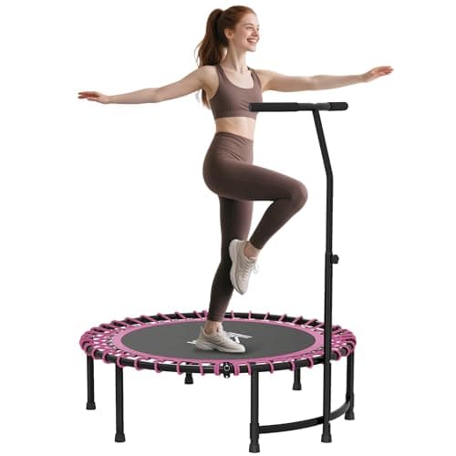 Image of HOMCOM 45" Fitness Trampoline with Adjustable Handle, Folding Rebounder Trampoline Mini Jumper for Indoor Exercise Workout, Support Up to 150kg, Pink
