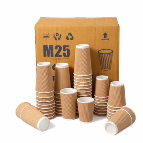 Image of M25 Packs - 500 x Kraft 12oz Ripple Cups - 3 Ply Insulated Paper Cups - Disposable Paper Hot Coffee Tea Drinking Cups (NO Lids)