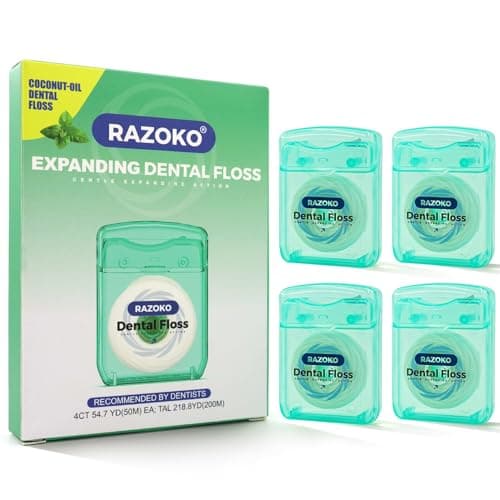 Image of RAZOKO Coconut Oil Expanding Dental Floss - Gentle on Teeth & Gums, Kid-Friendly, Waxed, Light Mint Flavor, PTFE & PFAS Free, 4 Spools - Mint Flavor