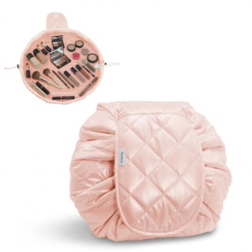 Image of Lazy Drawstring Makeup Bags, Large Capacity Waterproof Travel Portable Cosmetic Bag Pouch Makeup Pouch Storage Organiser for Women Girl (Champagne Gold-NEW)