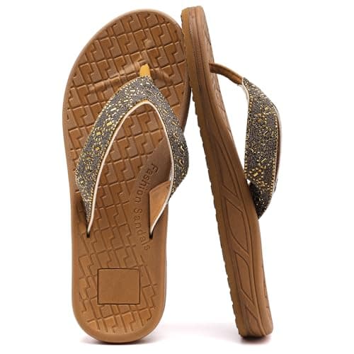 Image of Guyarns Flip Flops Women with Arch Support,Womens Flip Flops with Rhinestone Summer Beach Soft Thick Slides Sandals(Khaki,5)
