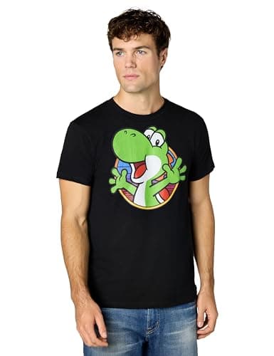 Image of Nintendo Men's Super Mario Yoshi Color Fade Circle Logo T-Shirt, Black, XL