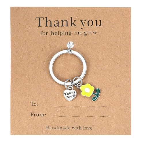 Image of Ouligay Teacher Appreciation End Of Year Teacher Gifts Thank You for Helping Me Grow Yellow Flower Keychain Cute Key Chain Gift for Thanksgiving Day Christmas Easter