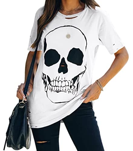 Image of Veatzaer Womens Short Sleeve Crewneck Skull Print Distressed T Shirt Casual Loose Tee Summer Tops, White, X-Large