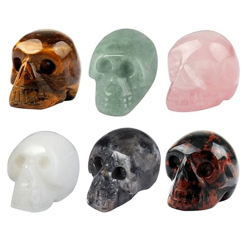 Image of Nupuyai Pack of 6 Mini Assorted Crystal Skull Statue, Healing Stone Skull Sculpture Pocket Figurine for Home Office Decoration