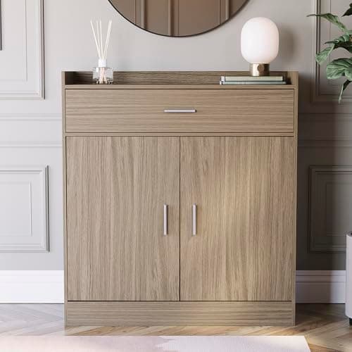 Image of Vida Designs Dalby Shoe Cabinet, Wooden Shoe Storage Unit with 2 Doors & 1 Drawer, Multifunctional Dust-Proof Space-Saving Cupboard for Hallway or Entryway (Oak)