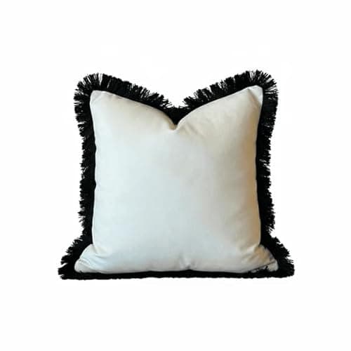 Image of rowen homes Melina Cream Velvet with Black Fringe Cushion Cover - Luxury 50x50cm Decorative Square Throw Pillowcase for Sofa, Couch & Bed - Luxury Interiors