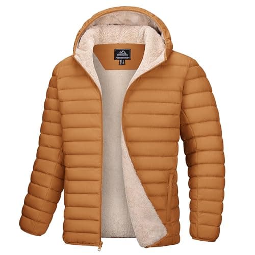 Image of MAGCOMSEN Mens Jacket Smart Casual Winter Puffer Waterproof Quilted Padded Sherpa Lined Thermal Insulated Coat,Light Brown,XXL
