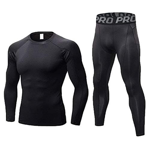 Image of LANBAOSI Men's Gym Running Base Layer Top and Leggings Set Long Sleeve Compression Shirt Tights Thermal Underwear Suit, Black Line, M