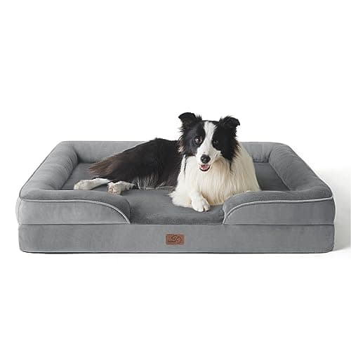 Image of Bedsure Large Dog Bed Sofa - Washable Orthopedic Dog Beds and Couch with Removable Flannel Cover, Waterproof Dog Pillow with U-Shape Bolster, Grey Squre Pet Bed, 89x63x16cm