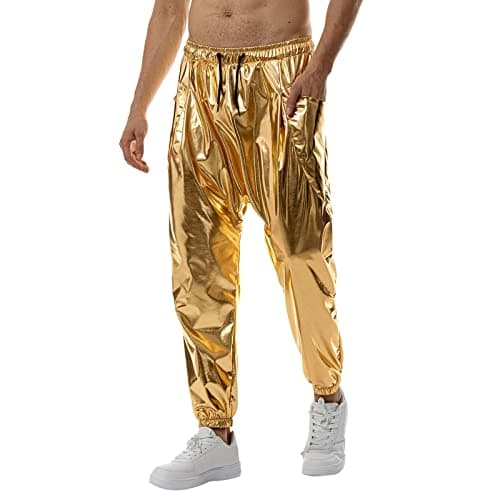 Image of Metallic Shiny Jogger Sweatpants Mens, Disco Party Elasticated Waist Trousers Drawstring Casual Trousers Mens Night Club Metallic Gold Suit Pants/Straight Leg Trousers Performance Pants S-3Xl