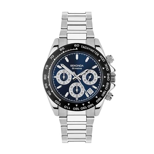 Image of Sekonda Classic Circuit Men's 43mm Chronograph Watch in Blue with Analogue Date Display, and Silver Stainless Steel Strap 30200