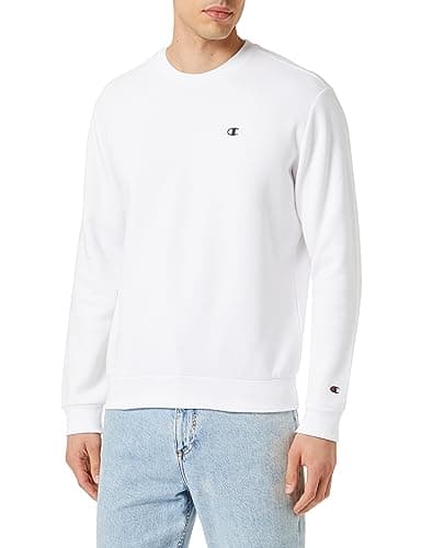 Image of Champion Men’s Crewneck Sweatshirt, powerblend plush fleece, with embroidered logo, relax fit, warm and comfortable White