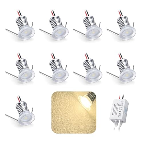 Image of kpslucerna 9pcs 12V 1W Mini LED Downlight, IP65 Water Resistant Small Recessed Spotlight RGB, 15mm Round Plinth Spot Light Cabinet Showcases Displays Wall Stair Kitchen Bathroom (Warm White Light)