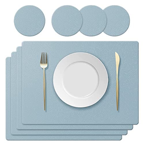 Image of KERYCHIN 4 Silicone Placemats + 4 Non-Slip Table Coasters with Leaf Pattern Set, Heat Resistant 230 °C, Waterproof Place Mat for Kitchen, Home, Restaurant, Dining Table, 40 x 30 cm, Light Blue