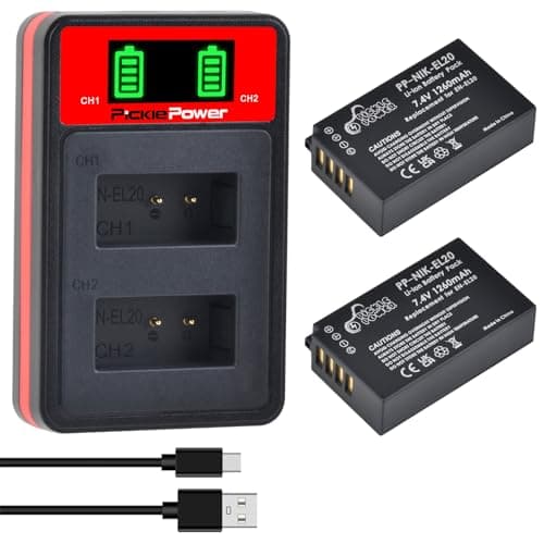 Image of Pickle Power 2Pcs EN-EL20 EN-EL20a Battery with Dual Charger for Nikon Coolpix P1100, P1000, P950, Coolpix A, 1 AW1, 1 J1, 1 J2, 1 J3, 1 S1,1 V3 Digital Camera