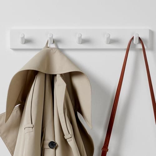Image of LARHN White Coat Hooks Wall Mounted Coat Rack with 5 Wall Hooks, 43 cm - All Fixings Included for Quick & Easy Installation