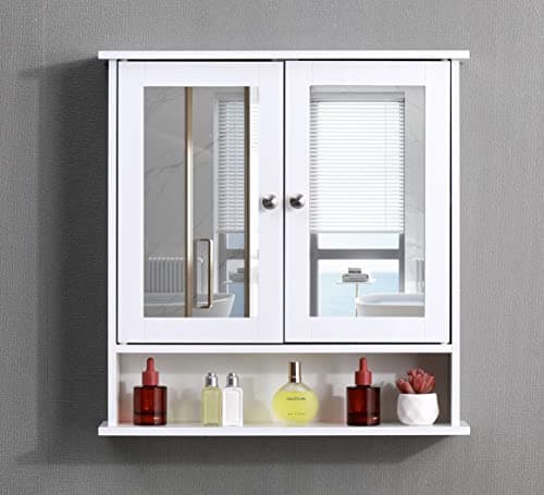 Image of AVC Designs White Bathroom Wall Cabinet with Mirrored Double Doors Storage Cupboard MDF & Shelves