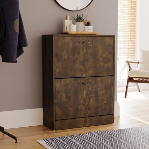 Image of Vida Designs Shoe Cabinet, Wooden Shoe Storage Unit with 2 Pull-Down Drawers, Multifunctional Dust-Proof Space-Saving Slim Design Cupboard for Hallway or Entryway (Dark Wood)