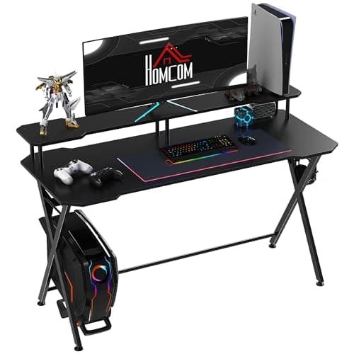 Image of HOMCOM Gaming Desk Writing Racing Computer Table Workstation with Headphone Hook Curved Front Adjustable Feet for Home Office Use 140 x 60cm