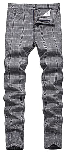 Image of FEOYA Men's Plaid Chinos Slim Fit Checked Trousers Casual Chino Pants Stretch Straight Leg Trousers Fitted Cotton Tartan Pant Zip Fly Elastic Check Suit Trouser Spring Autumn 02 Grey 32 Inch Waist