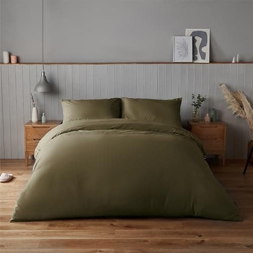 Image of Silentnight Supersoft Duvet Set - Cosy & Comfortable Delicate Touch - Luxurious Easy Care Microfibre with Button Fastening - Stylish Modern Duvet Quilt Cover + Pillowcase Bed Set, Double, Olive Green