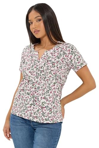 Image of M&Co Petite & Pink Floral Short Sleeve Cotton Henley Top - Women's