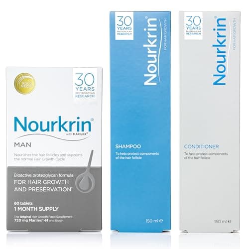 Image of Nourkrin Man for Hair Growth and Hair Preservation food supplement with Marilex-M biotin and fenugreek (180 tablets with shampoo and conditioner)