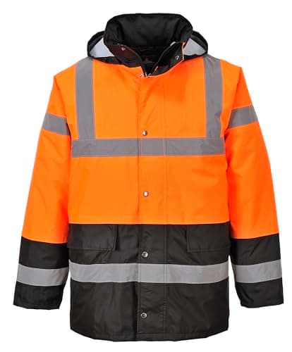 Image of Portwest S467 Men's Hi Vis Contrast Winter Traffic Jacket EN342 CE Certified Waterproof Quilt Lined Storm Flap Reflective Tape Hood Safety Coat, Orange/Black, XXL