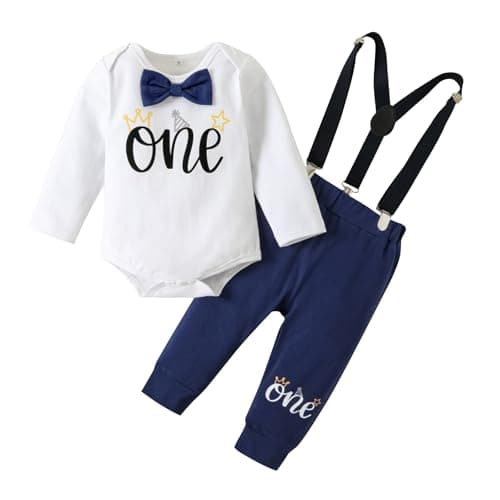 Image of Winmany Baby Boys 1st Birthday Outfit Toddler Cake Smash Clothes Long Sleeve Romper Suspender Pants First Birthday Clothing Set
