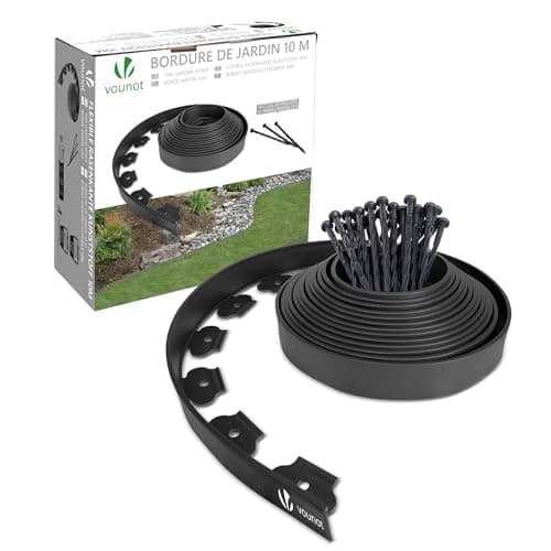 Image of VOUNOT Plastic Lawn Edging Border with 30 Ground Anchors, 10m Flexible Garden Edging Strip for Grass, Paths, Gravel or Flower Beds, Weatherproof Landscape Border, 5cm High, Black