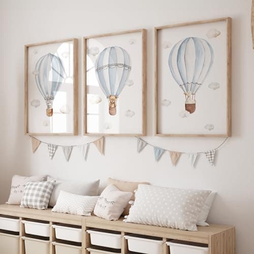 Image of Rose Rowan Design Set of 3 Hot Air Balloon Prints for Nursery, Bedroom,Playroom - Gender Neutral Decor for Babies Room - Pastel Colours - Bunny, Goose, Bears (Bunny Goose Bear-Blue, A3)