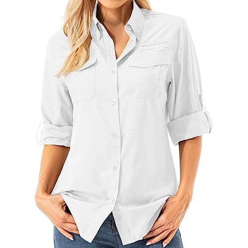 Image of Women’s Safari Shirts Sun Protection UPF 50+ Loog Sleeve Quick Dry Lightweight Fishing Hiking Casual Outdoor Shirts(2705-white-xl)
