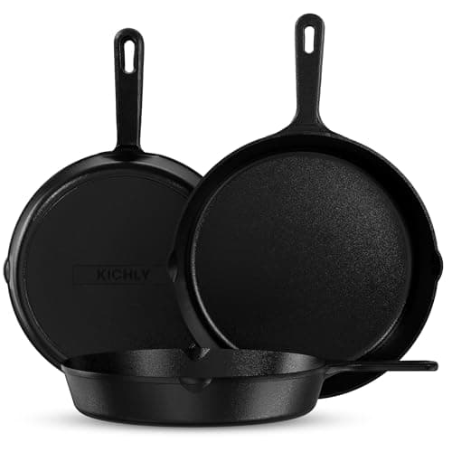 Image of KICHLY Set of 3 Preseason Cast Iron Skillets, Cast Iron Induction Frying Pan Set with 6 Inch, 8 Inch and 10 Inch Sauté Fry Pans, Black