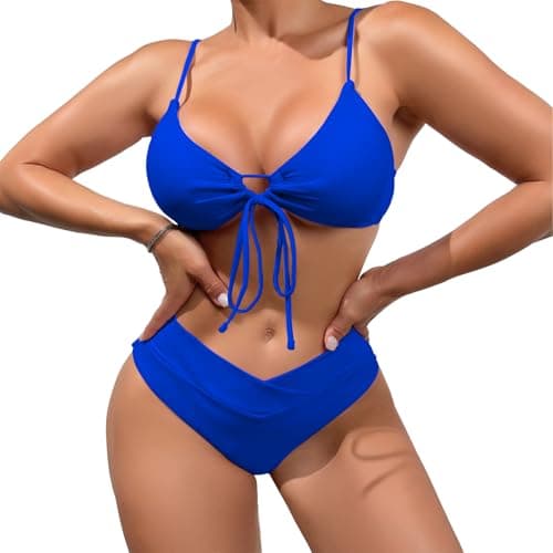 Image of meioro Bikini Set for Women Front Tie Triangle Bathing Suits, Solid V Neck Two Piece Swimsuits High Waisted V Cut Bottom, Adjustable Spaghetti Straps Swimwear Swimming Costume (Sapphire Blue,XL)