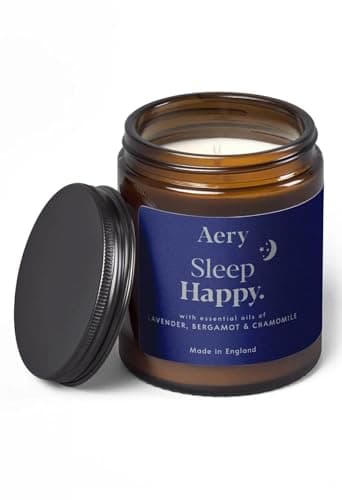 Image of Aery Sleep Happy Glass Jar Soy Wax Candle - Lavender, Bergamot & Chamomile with 100% Plant Based Wax & 30 Hour Burn Time