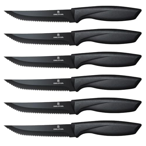 Image of targzier Steak Knives Set of 6,Stainless Steel Steak Knives,Sharp Serrated Edge Steak Knife Set,Stain&Rust Resistant Steak Knife,Kitchen Steak Knife Set with Ergonomic Handle,Dishwasher Safe,Black