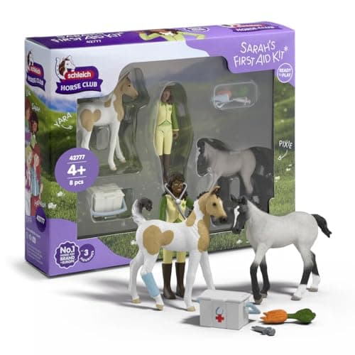 Image of Schleich Horse Club - 7 PC Horse Vet First Aid Kit Playset with 2 Foal Figures, Posable Sarah Figurine and Accessories - Farm Animal Veterinarian Set for Girls and Boys - Toys for Kids Ages 5+ | 42777