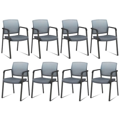 Image of CLATINA No Wheels Conference Room Chairs Set of 8, Stackable Office Guest Reception Chair with Armrests, Mesh Back Waiting Room Stool for Office, School, Lobby, Church, Grey